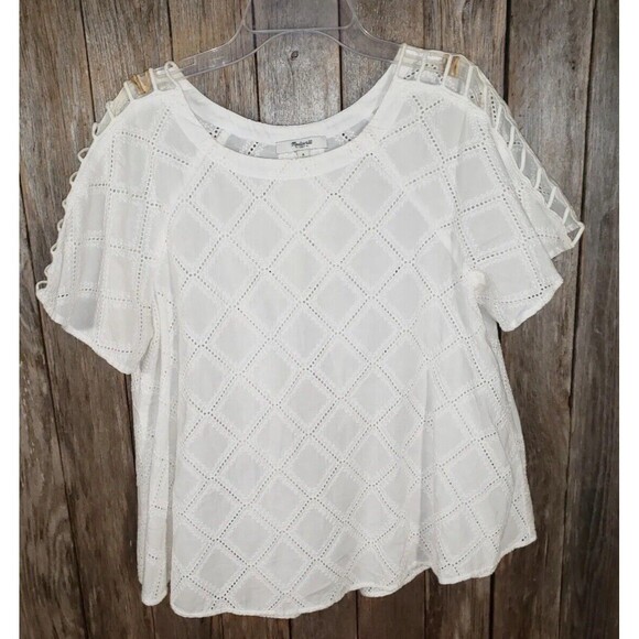 Madewell Small Women's White Embroidered Eyelet Cutout Sleeve Swing Top Blouse - Picture 4 of 7